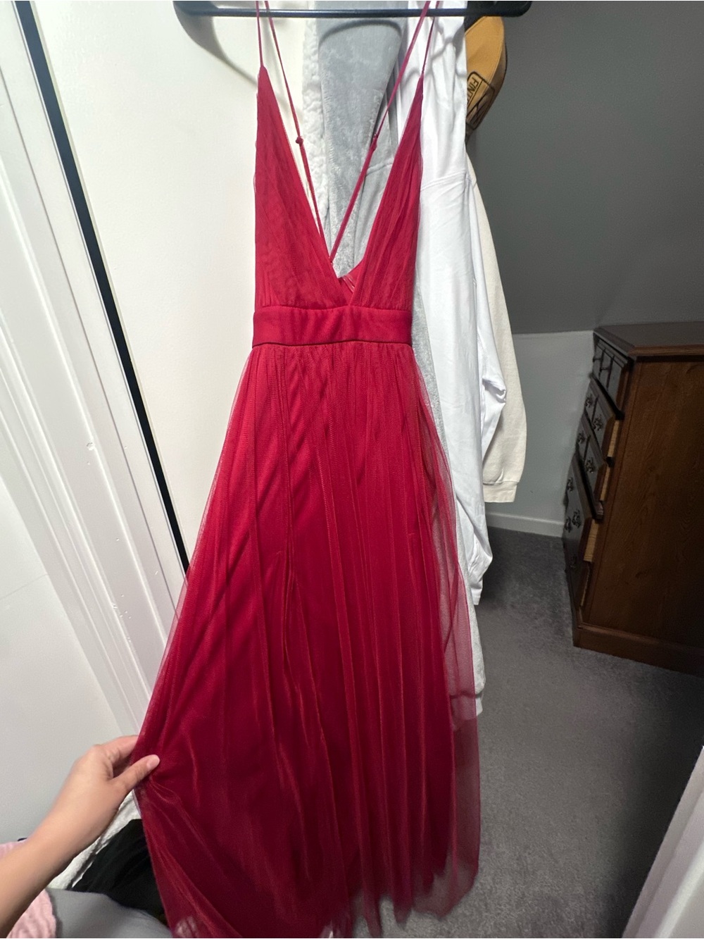 Windsor Crimson Red Plunging V-Neck Tulle Maxi Dress